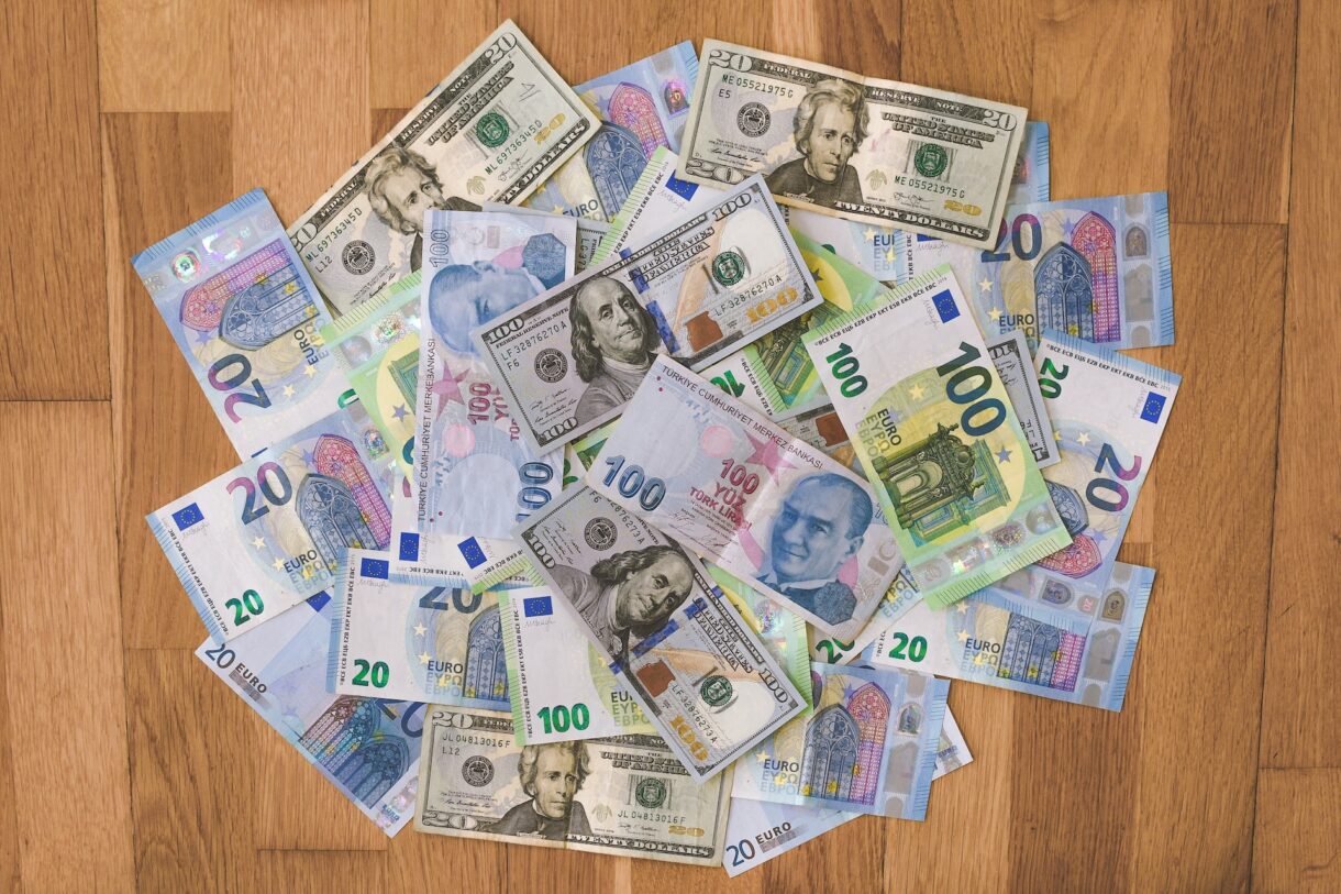 Pile of Turkish Lira and US Dollars