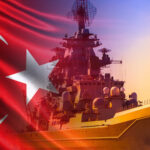 Warship on the background of the Turkish flag