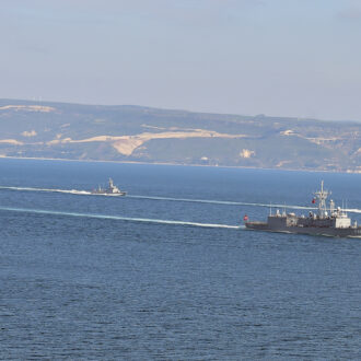 Turkish warships patrolled the Dardanelles on March 18, 2016 in Canakkale, Turkey