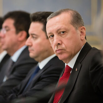 Turkish President Erdogan looks on during a meeting with Ukraine President Poroshenko in March 2015