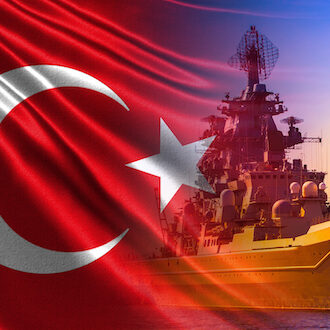 Warship on the background of the Turkish flag