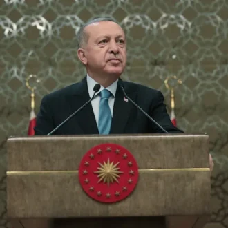 Turkey President Erdogan giving a speech in Ankara in April 2019