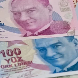 Close up of Turkish 200 and 100 Lira bills currency