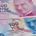 Close up of Turkish 200 and 100 Lira bills currency